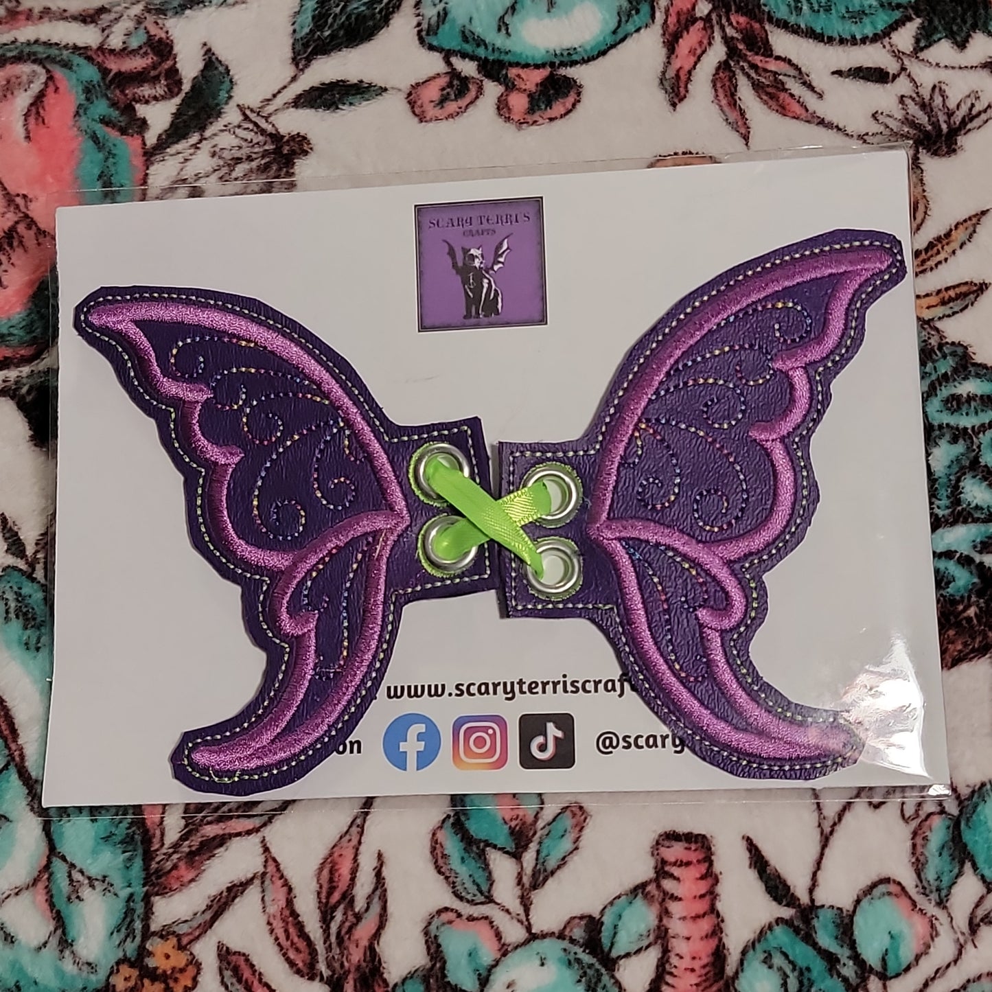 Fairy Wings for Boot, Shoe, or Skate Lace. Purple Vinyl w/ Purple & Rainbow Embroidery