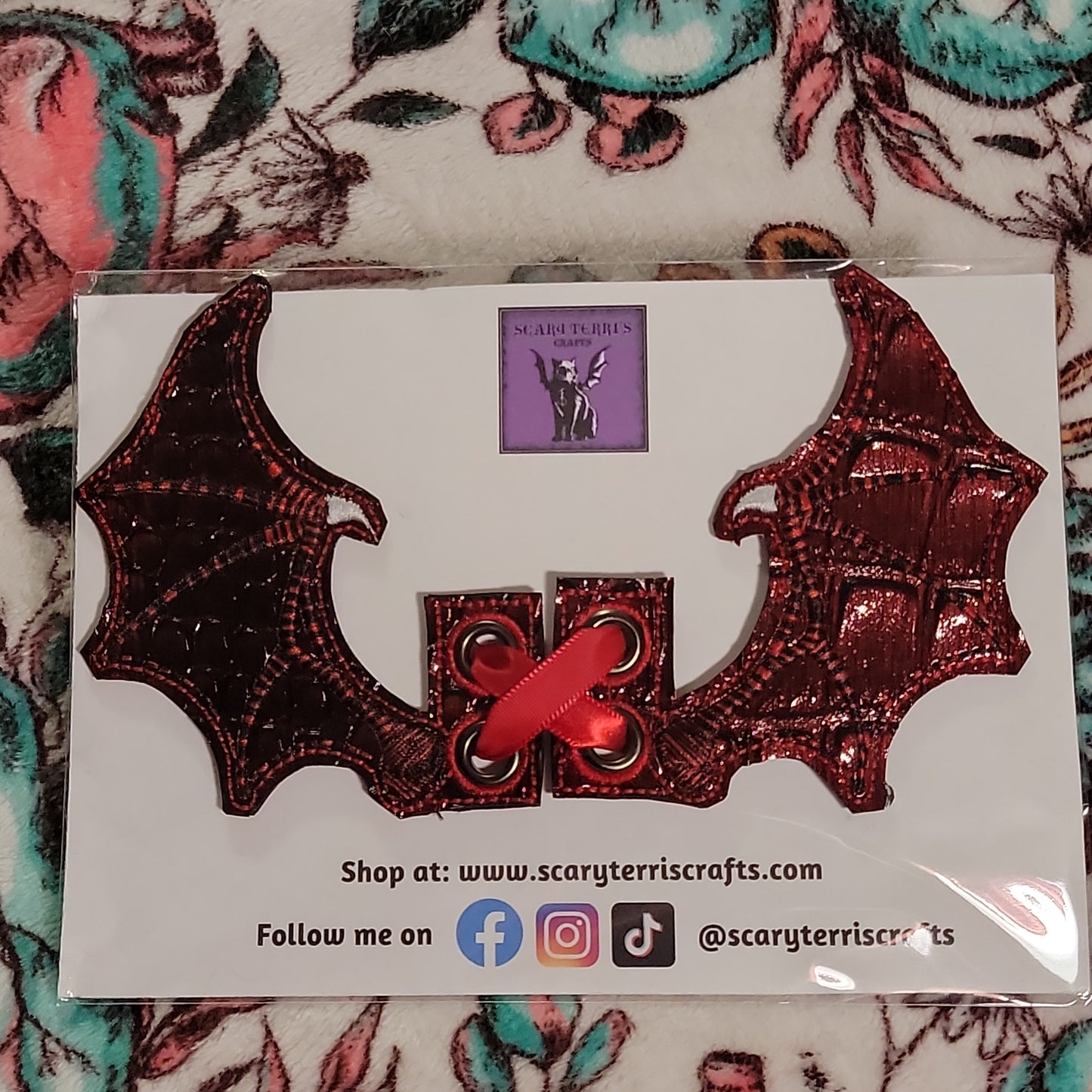 Dragon Wing Boot, Shoe, or Skate Lace Bat Wings Red Scale with Black & Red Embroidery