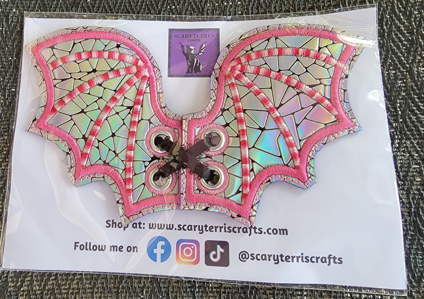Boot, Shoe, or Skate Lace Bat Wings Holographic Silver Vinyl w/ Pink Embroidery