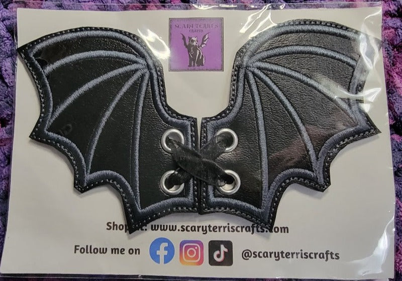Bat Wings for Boot, Shoe, or Skate Laces. Black Vinyl w/ Dark Grat Embroidery