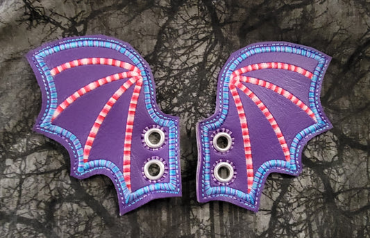 Boot, Shoe, or Skate Lace Bat Wings Purple Vinyl with Pink, Blue, and Purple Embroidery