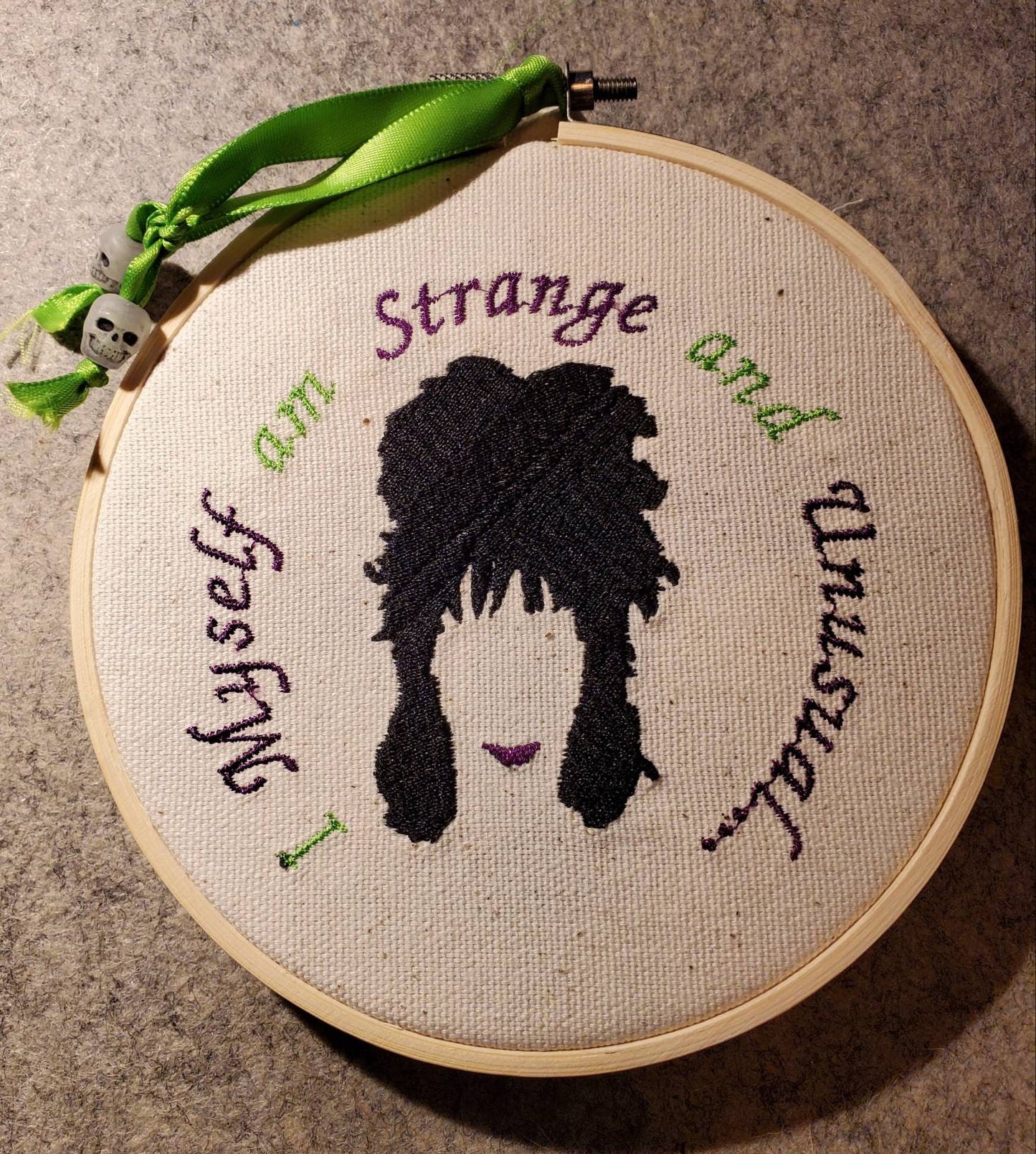 Beetlejuice Embroidery sign wall hanging. Lydia Deetz "I Myself am Strange and Unusual"