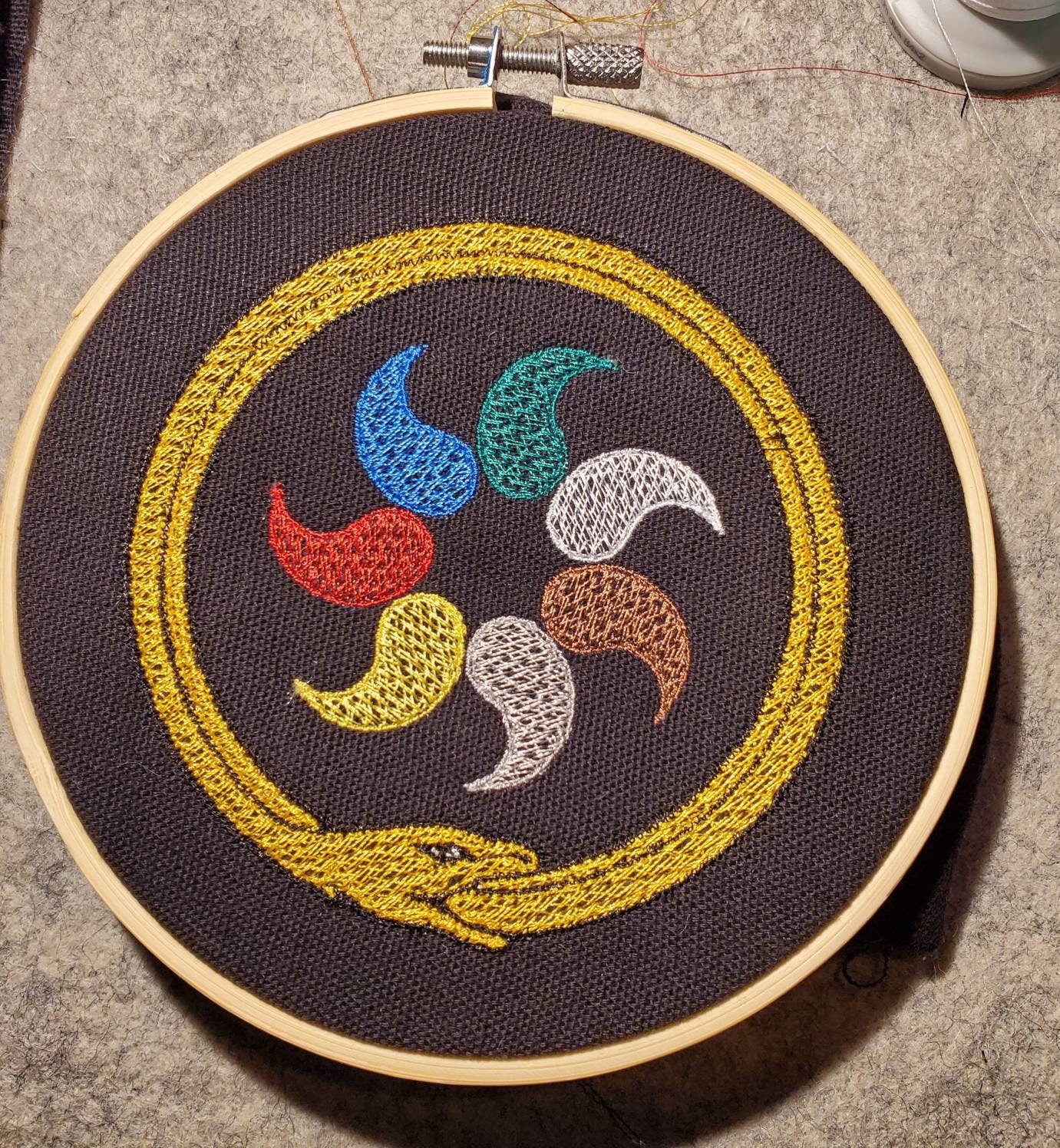Aes Sedai Flame of Tar Valon Great Serpent Embroidery Hoop Wheel Deocoration. Wheel of Time inspired Multiple Options are available!