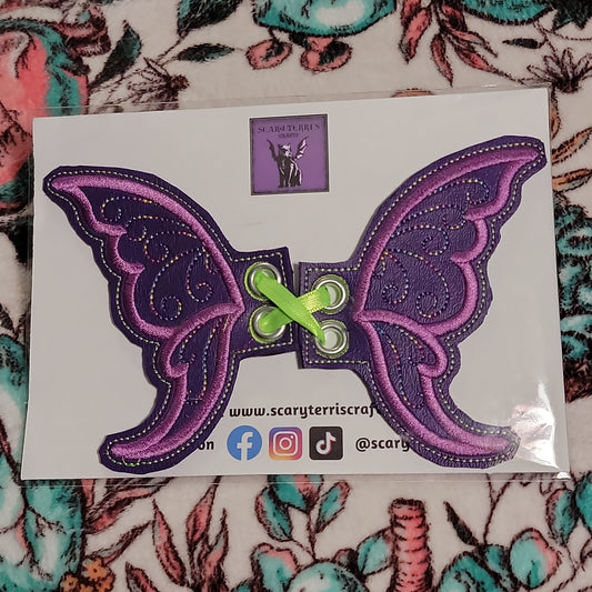 Fairy Wings for Boot, Shoe, or Skate Lace. Purple Vinyl w/ Purple & Rainbow Embroidery