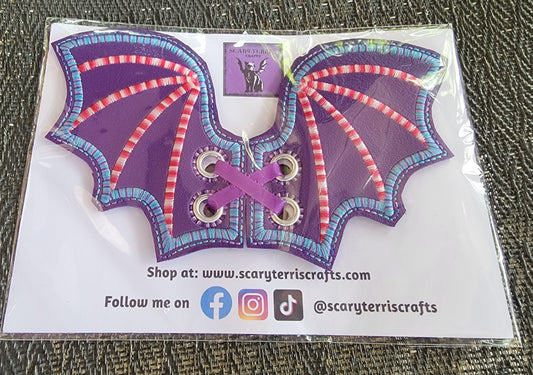 Boot, Shoe, or Skate Lace Bat Wings Purple Vinyl with Pink, Blue, and Purple Embroidery