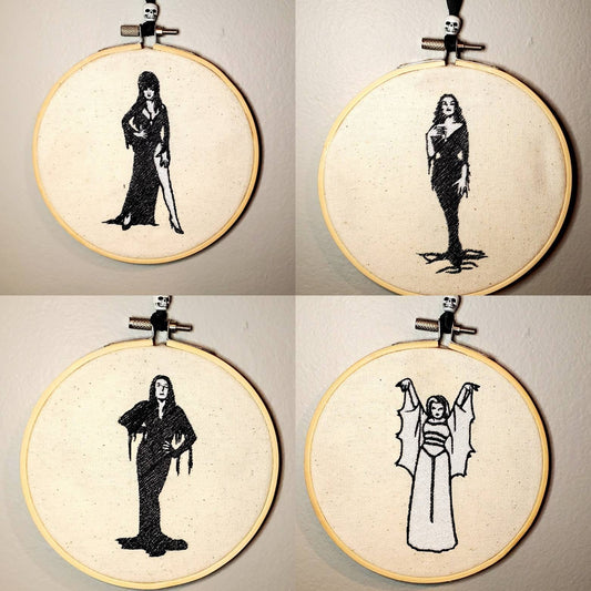 Classic Spooky Babes Embroidery Hoop Deocoration. Morticia, Vampira, Lily, Elvira. Multiple Options are available!